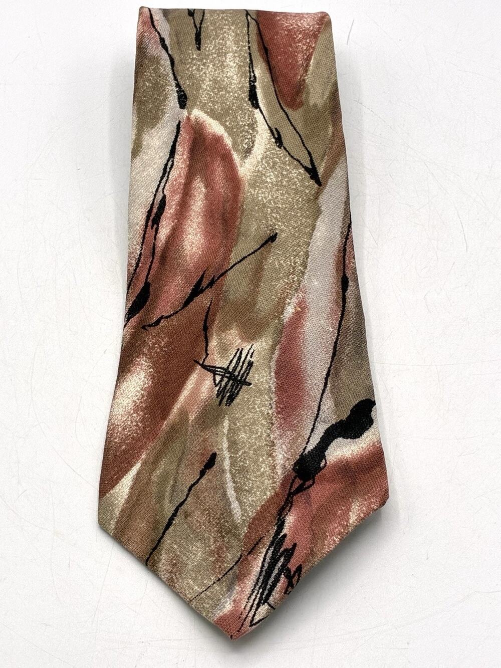 Vintage Mario Valentino Italian Silk Tie Abstract Art Tan Mauve Black Designer